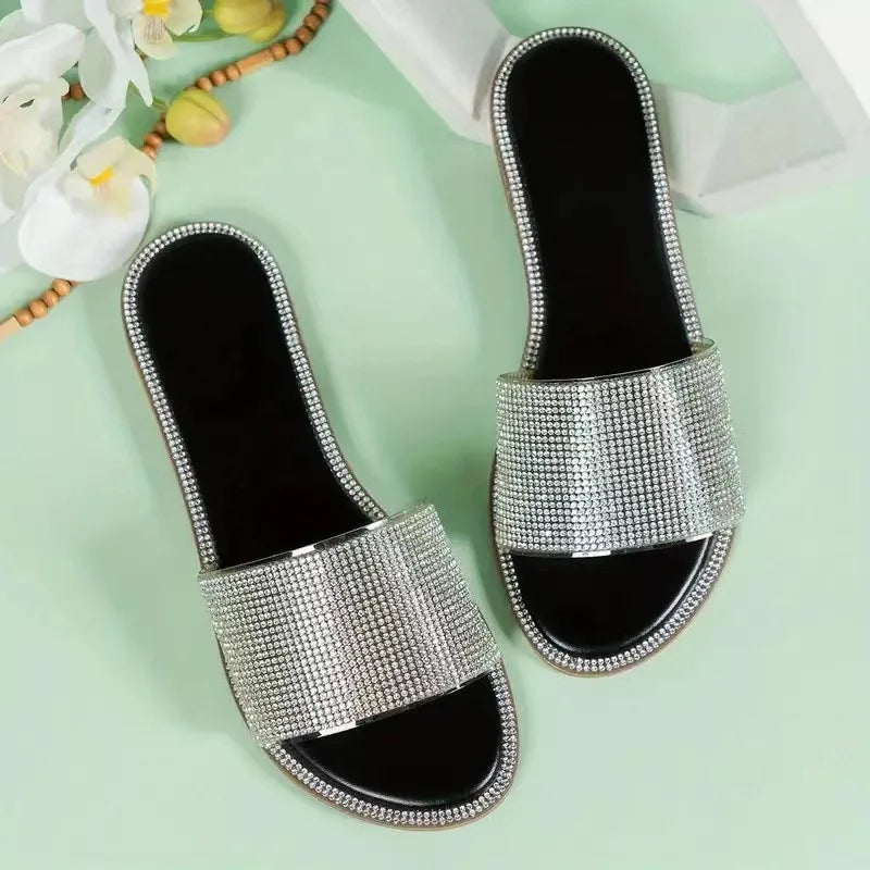 2024 New Shiny Rhinestone Fashion Ladies Slippers Outdoor Women Roman Shoes Flat Sandals Female Casual Beach Crystal Slides