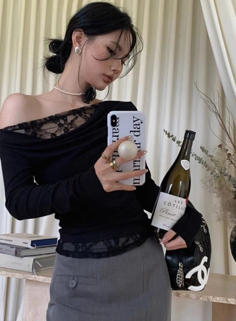 Lace Patchwork Sexy Slash Neck Blouse Slim Solid Long Sleeve Chic Shirt Chic Harajuku Elegant Commuter Office Lady Tops
