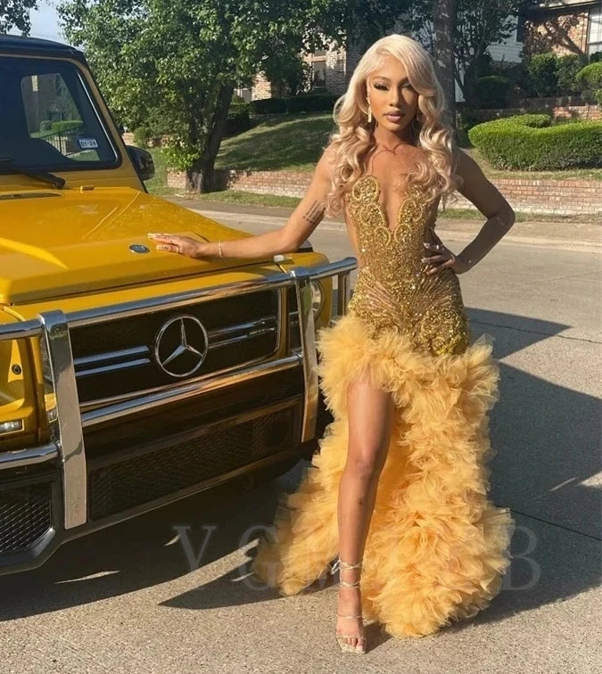 Gold Long Prom Dress For Black Girls Rhinestones Bead Diamonds Ruffles High Slit African Birthday Party Evening Gown Customized
