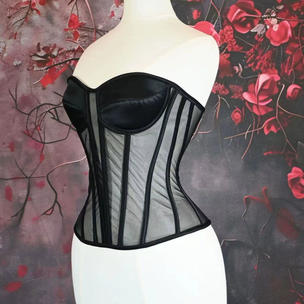 Women Corset Bustier With Bra Transparent Mesh Bodices For Wedding Body Shaper Slimm Waist Lace Up Boned Strapless Tube Tops