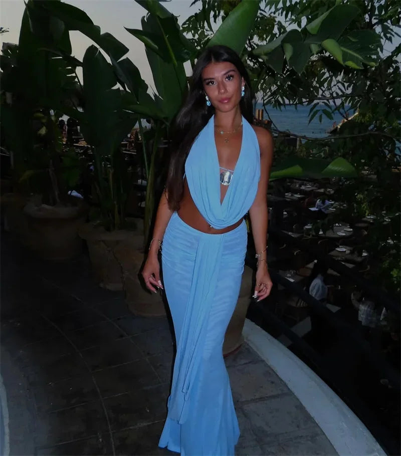 Sexy Dress Set Women Halter Crop Top And Maxi Skirt Matching Sets Female Elegant Beach Club Party Skirt Two Piece Set