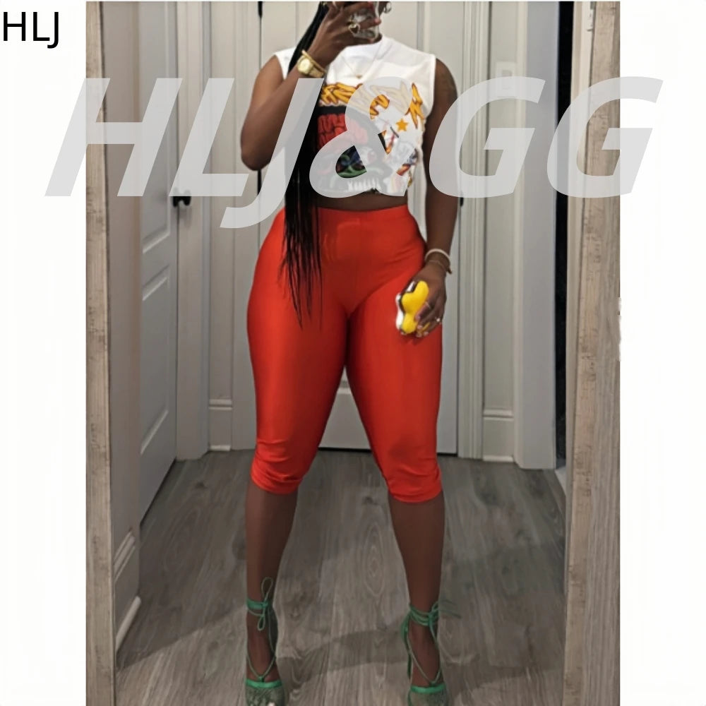 HLJ Fashion Y2K Pattern Print Two Piece Sets Women Round Neck Sleeveless Top+Skinny Shorts Outfits Trend Female 2pcs Streetwear