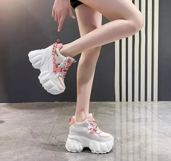 NEW Breathable Mesh 10CM Chunky Sneakers for Women Non Slip High Platform Sports Dad Shoes Woman Lace Up Thick Sole Casual Shoes