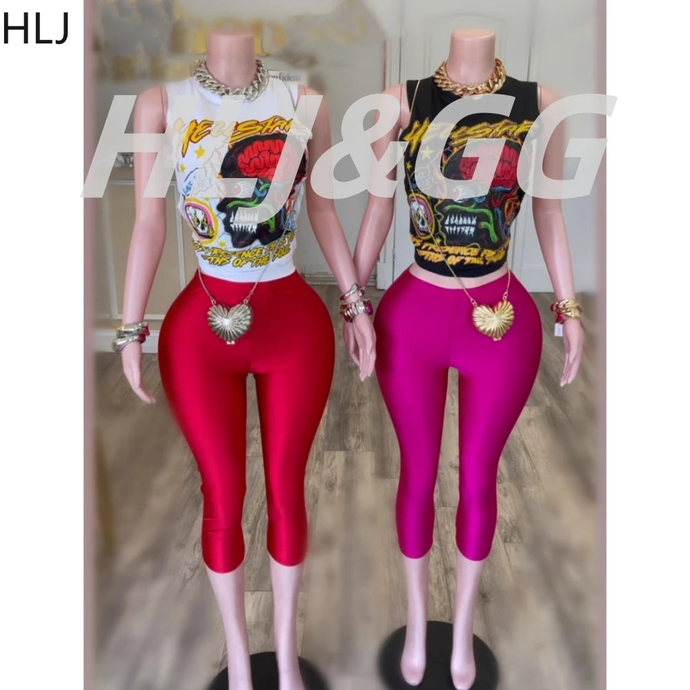 HLJ Fashion Y2K Pattern Print Two Piece Sets Women Round Neck Sleeveless Top+Skinny Shorts Outfits Trend Female 2pcs Streetwear