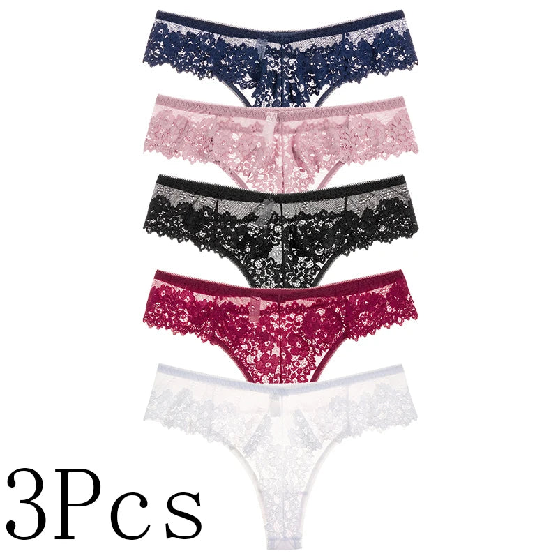 3Pcs/Lot Women‘s Sexy Lace Lingerie Temptation Low-waist Panties Embroidery Thong Hollow Out Breathable G-string Underpants