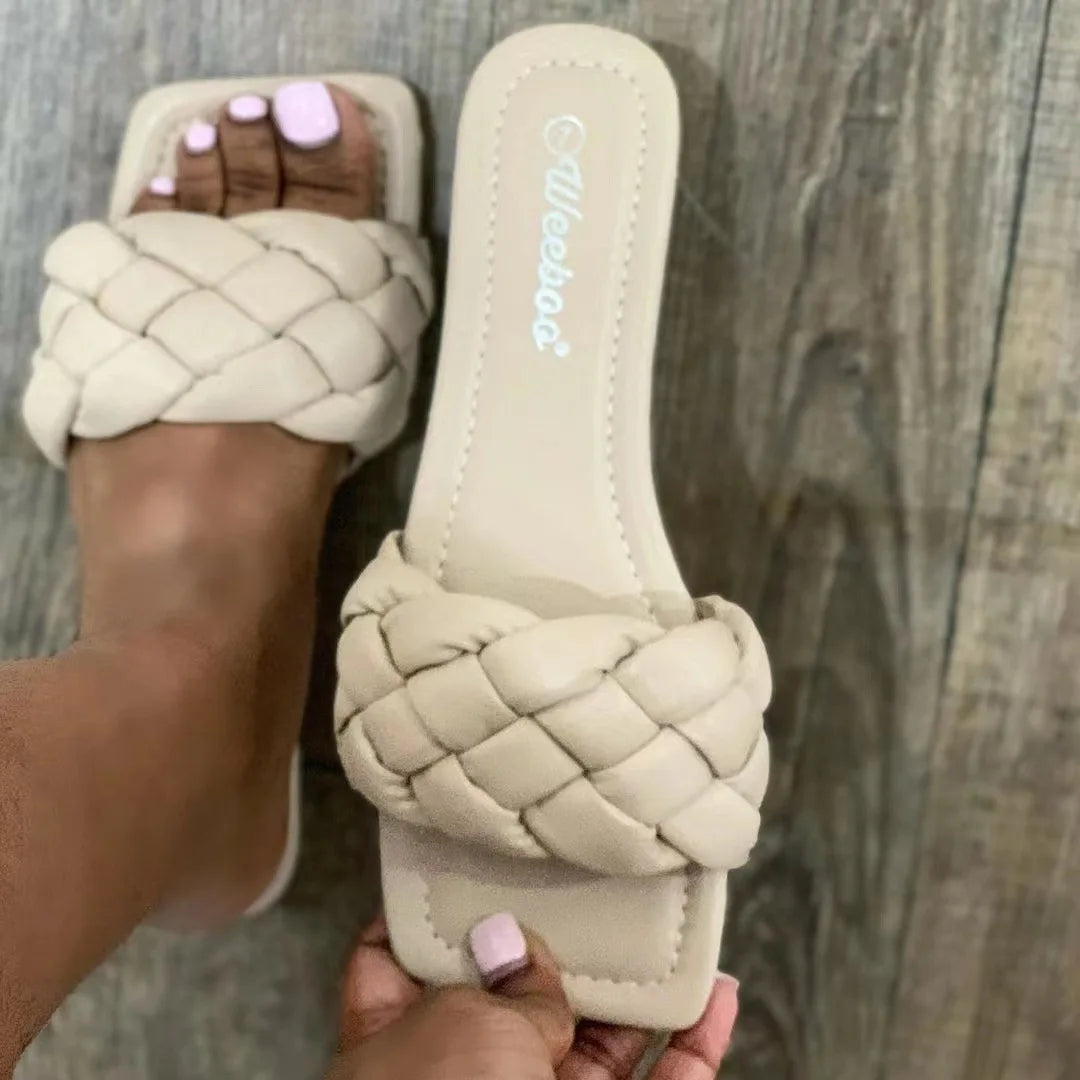 2024 summer women new square head flat bottom woven in-line women's large size beach sandals/slippers all-match leisure slippers