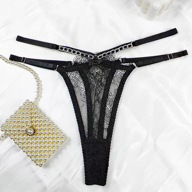 Sexy Lace Lingerie Set with Feather Women's Chain Perspective Underwear Garters Exotic Apparel Suit Female Solid Transparent Bra