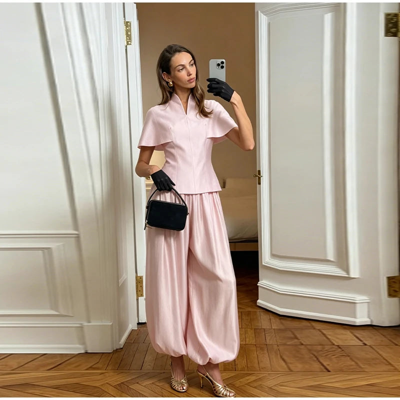 Casual Summer Women's Suit Solid Patchwork Top Long Pants Sets V-neck Short Sleeve Tops Loose Lantern Pant 2026 Lady Chic Suits