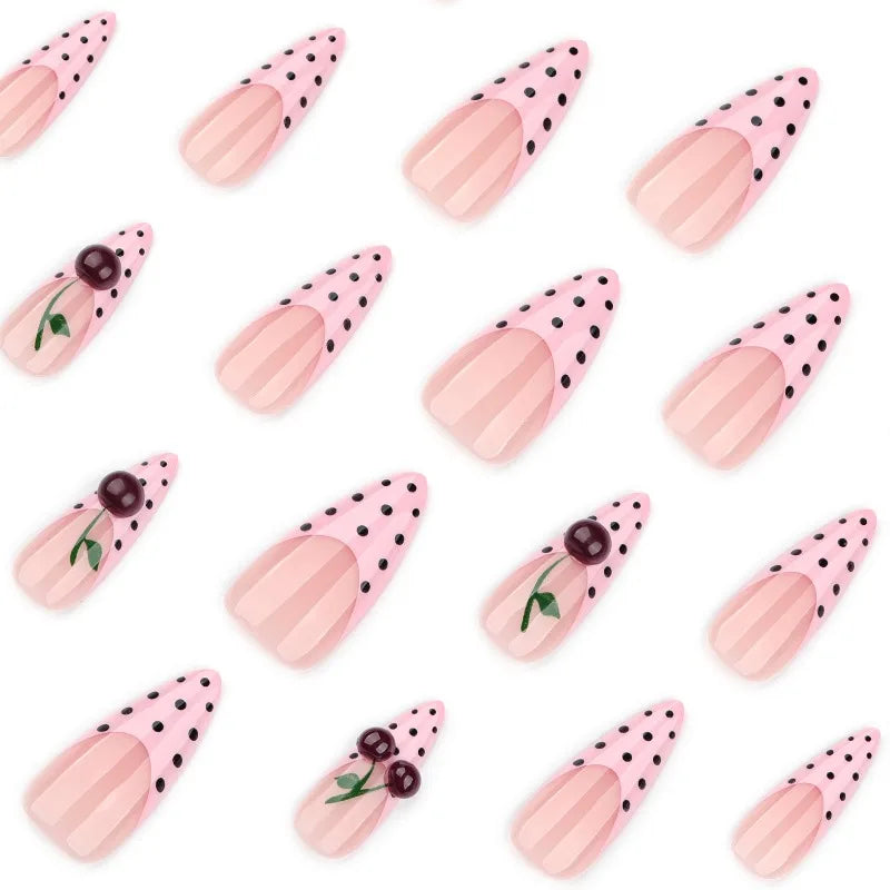 24PCS Pink French Press on Nails with Glue Black Polka Dots Sweet 3D Cherry Almond Fake Nails for Women Acrylic Simple Nail Tips