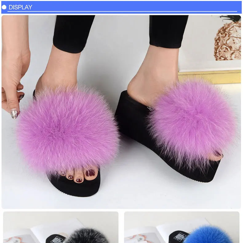 Women Fox Fur Slippers Woman Fashion Sandals Girls Casual Fur Slides 7cm Thick Sole Summer Platform Shoes Modern Slippers Wedges