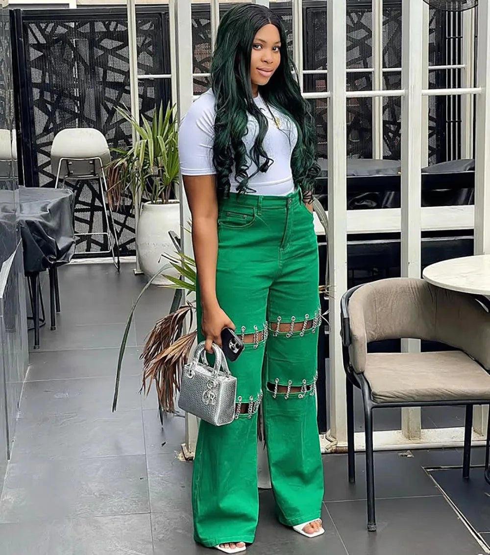 High Waist Green Ripped Chain Decoration Patchwork Wide Leg Denim Pants Women Fashion Casual Personality Trendy Long Trousers