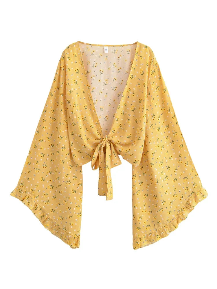 Boho Queens Fashion Women Floral 2025 Beach Summer Short Kimono Ruffles Flare Sleeves Vacation Bohemian Bikini Boho Cover-ups