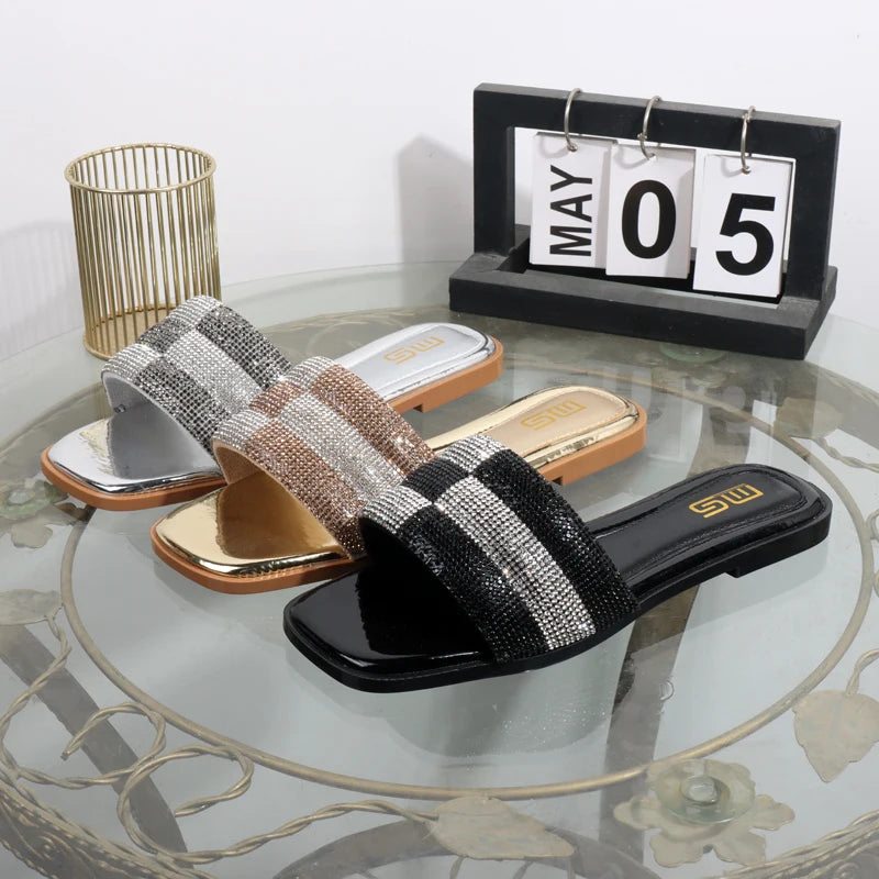 luxurious slippers 2025 rhinestone square toe fashion wear sandals  elegant flat bottom women's slippers black ladies shoes