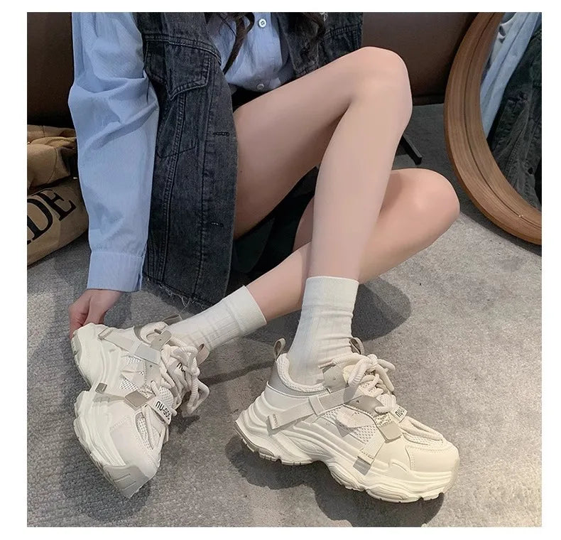 Women's Chunky Sneakers  Breathable Mesh Platform Sports Shoes Woman Fashion Lace Up Thick Sole Casual Shoes Mujer