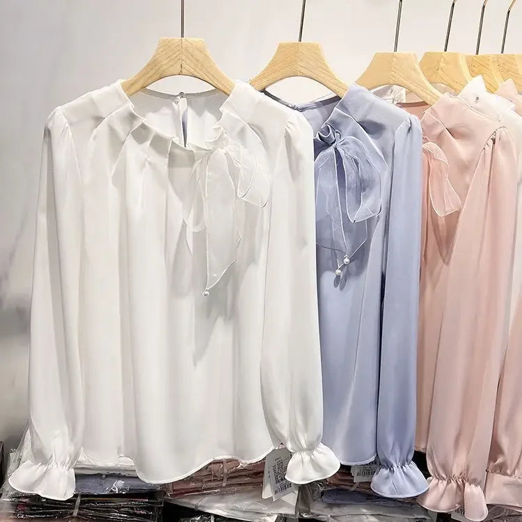 Women Stylish Ruffled Bow Lace Up Chiffon Blouses Office Lady Elegant Chic Commute Shirts Korean O Neck Long Sleeve Loose Tops