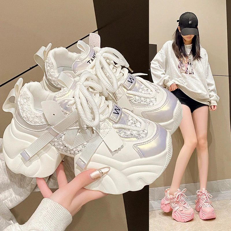7CM Fashion Spring Autumn Sneakers Women Lace Up Chunky Platform Sports Dad Shoes Woman Comfort Casual Shoes Zapatillas Mujer