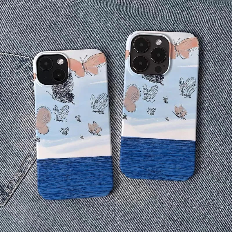 Ins Blue Sea Butterfly Phone Case for IPHONE 17 16E 15 PROMAX 14 Plus 13 12 MINI 11 PRO 16Plus XR XS SE 7 8 Acrylic Phone Cover