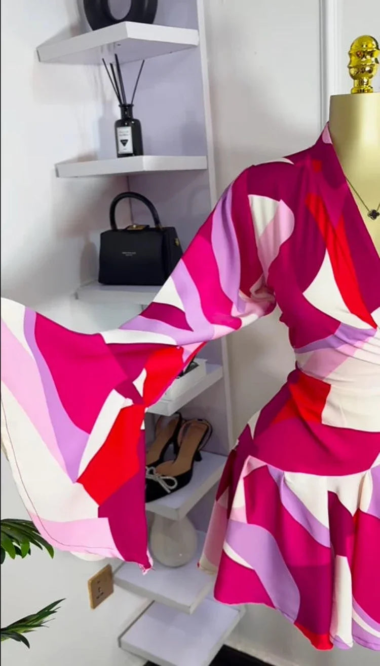 Elegant Women Tie Dye Print Flare Long Sleeve Wrap V-neck with Sashes Ruffle Dress 2026 Elegant Vacation Party Birthday Dresses