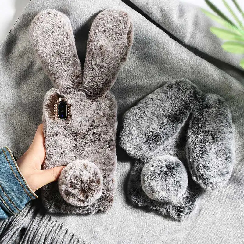 Cute Hairy Rabbit Animal Phone Case For iPhone 15 14 13 Pro Max 12 Mini 11 Pro Max X XS MAX XR 7 8 Plus Soft Plush Cover
