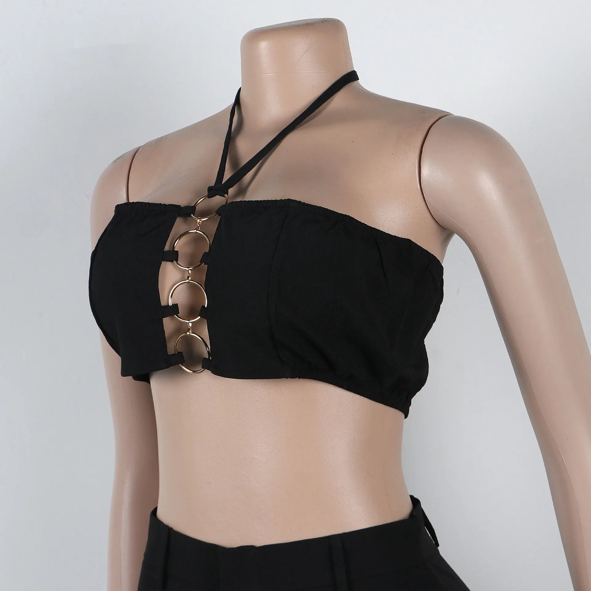 Metal Ring Hollow Out Two Piece Set Women Sexy Strapless Lace Up Halter Backless Crop Tops + Wide Leg Pants Casual Street Suits