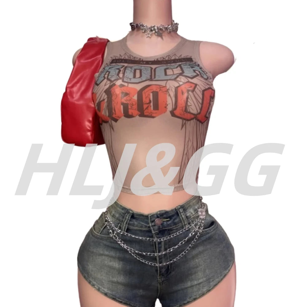 HLJ&GG Y2K Fashion Mesh Letter Printing Tank Top 3 Piece Sets Women Sleeveless Slim Vest And Denim Shorts Outfit With Chain 2025