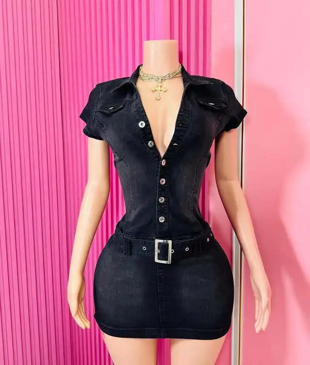 HLJ Fashion Denim Bodycon Mini Dresses Women V Neck Short Sleeve Slim Vestidos Summer New Cowboy Stretchy Streetwear Dress 2025