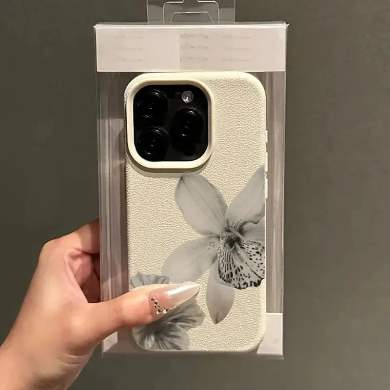 Black & White Floral Pattern Phone Case For iPhone 16 17 15 14 Pro Max 12 11 13 Plus 17 Air Lichee Pattern Soft Phone Cover