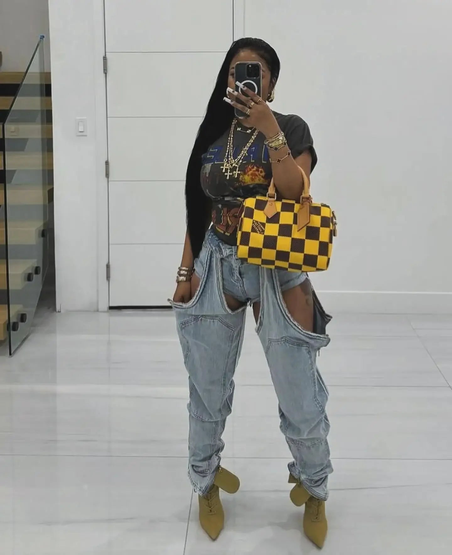 Mom Jeans Straight Pants Women Hollow Out Zipper High Strecth Pockets Irregular Denim Vintage Y2k 2025 Trousers Streetwear