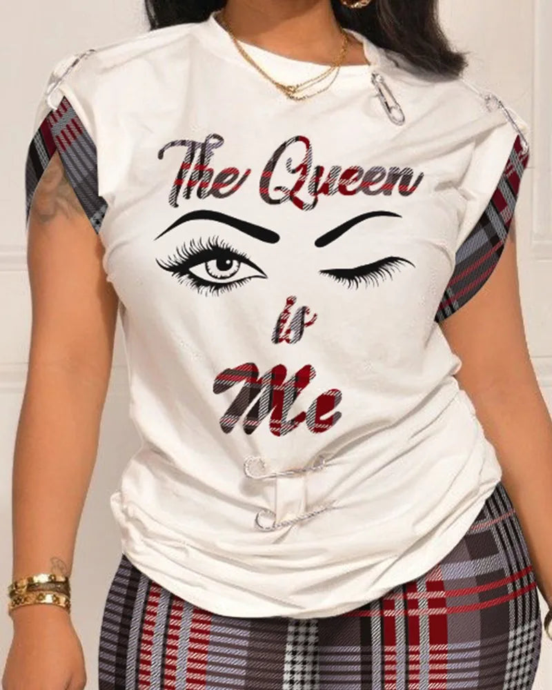 Women Leisure Pin Digital Printing Set O Neck Short Sleeve T-shirt And Shorts 2 Pieces Sets Summer Top + Short Pant 2 PCS Suits