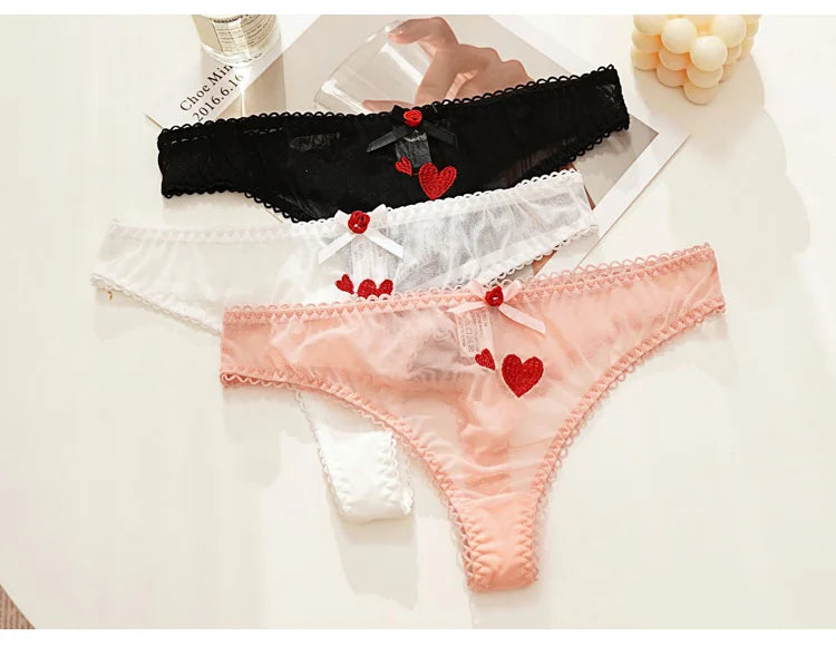 Meet'r Women Sexy Lace Lingerie Temptation Low-waist Panties Heart Ins Embroidery Transparent Thong Seamless Sweet Underwear