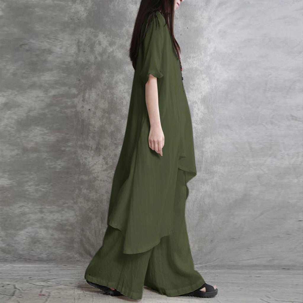 Simple Women Tops Pants Set Cotton Blend Short Sleeve Breathable Elastic Waist Outfit Suit  T-shirt Pants Set Comfy