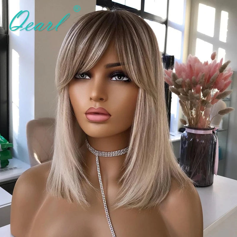 New in Short Bob Straight Human Hair Wig with Bangs Ombre Ash Blonde Brazilian Lace Front Wigs Fringe for Women Glueless Qearl