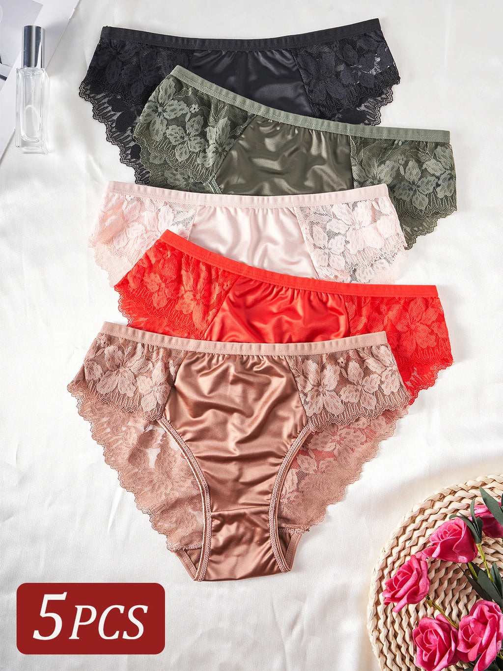 5PCS Women's Underwear Hollow Lace Embroidery Flower Sexy Panties Female Briefs High Quality Solid Color Underpants