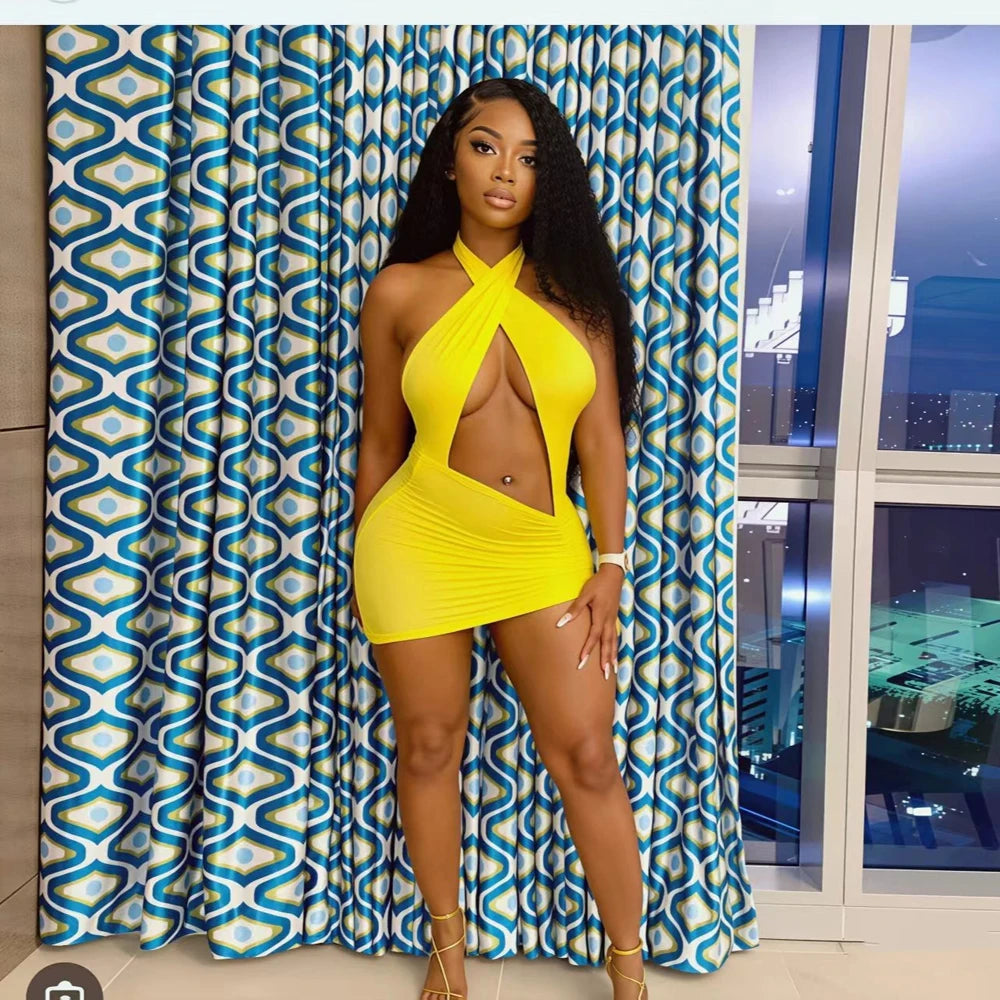 Sexy Strap Halter Deep V Neck Ruched Mini Dress Woman Backless Summer Bodycon Sleeveless Elegant Party Night Club Dresses