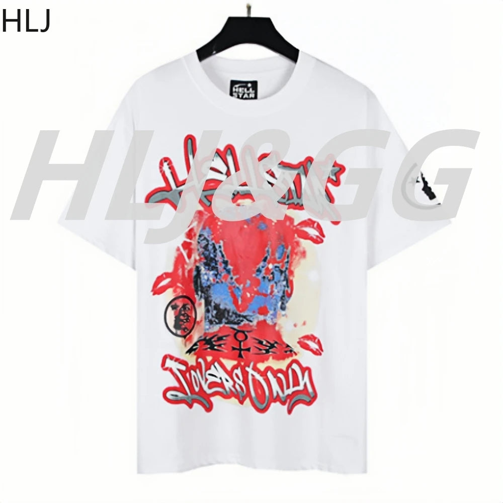 HLJ Trend American Retro Print Tshirts Two Piece Sets Women O Neck Short Sleeve Loose Top+Skinny Pants Outfit Fashion Streetwear