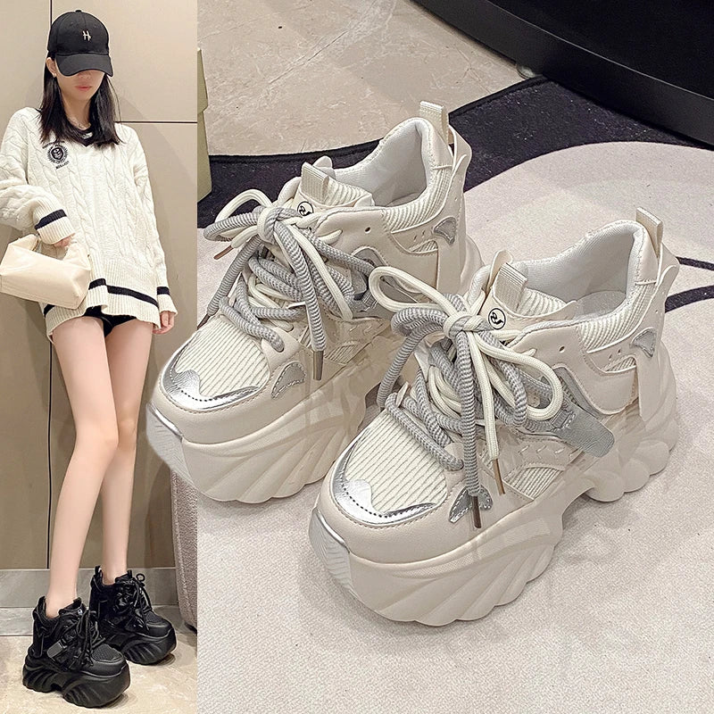 NEW Women Chunky Sneakers Internal 11CM High Platform Breathable Mesh Shoes Ladies Wedges Casual Shoes For Woman Sports Dad Shoe