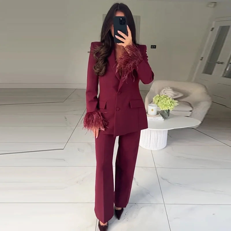 Elegant Feathers Women Blazer Pants Suit Lapel Button Coat Straight Wide Leg Trousers Lady Set 2026 Spring Female Outfits