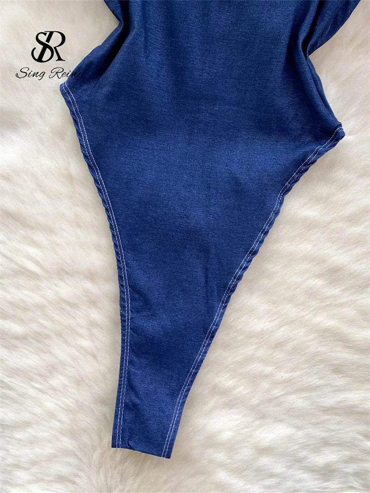 SINGREINY American Vintage Denim Bodysuits Spaghetti Strap Skinny Women Playsuits Fashion Streetwear Slim Sexy Zipper Rompers