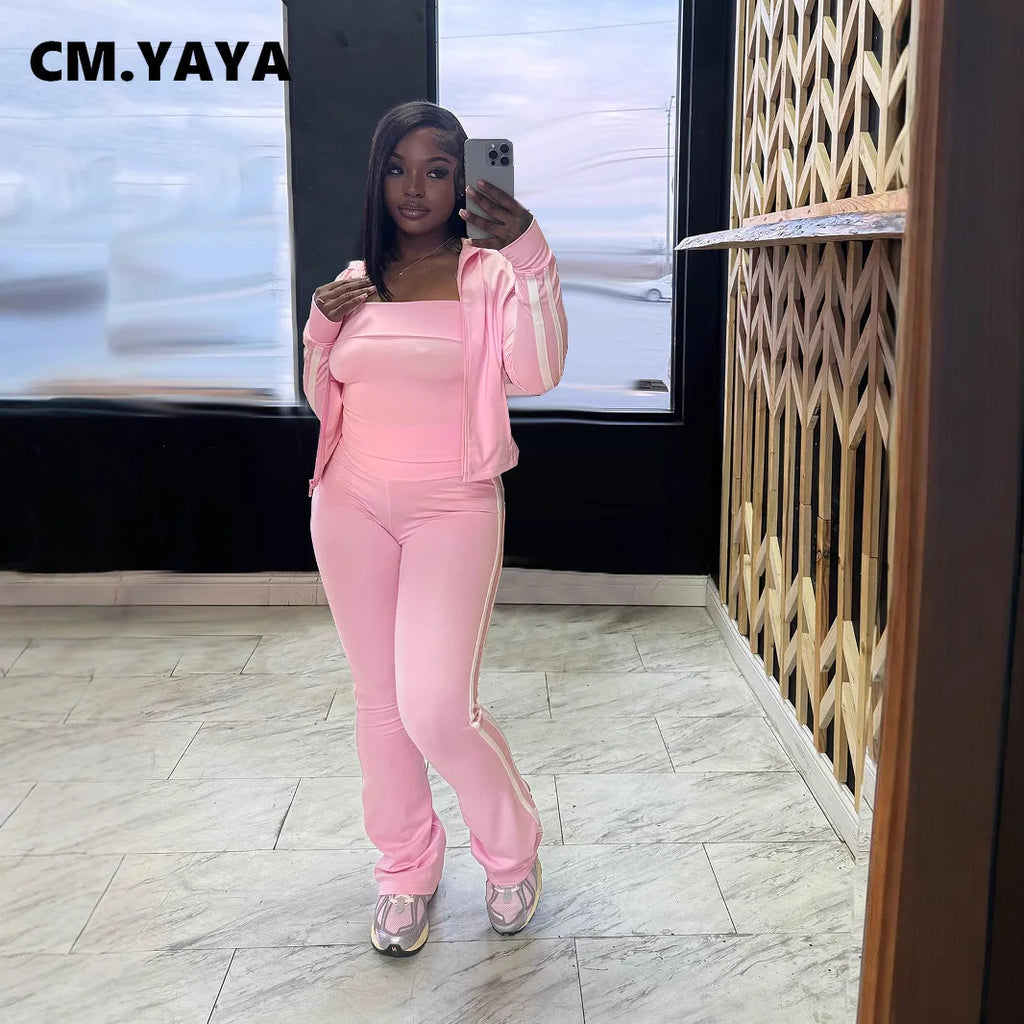 CM.YAYA Women's Set Long Sleeve Cargidan +strapless and Striped Pants Suit Three 3 Piece Set 2025 Street Active Outfit Tracksuit