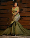 African Green Beaded Evening Dresses Black Girls Aso Ebi Mermaid Birthday Party Dress Customized Long Sleeves Cocktail Prom Gown