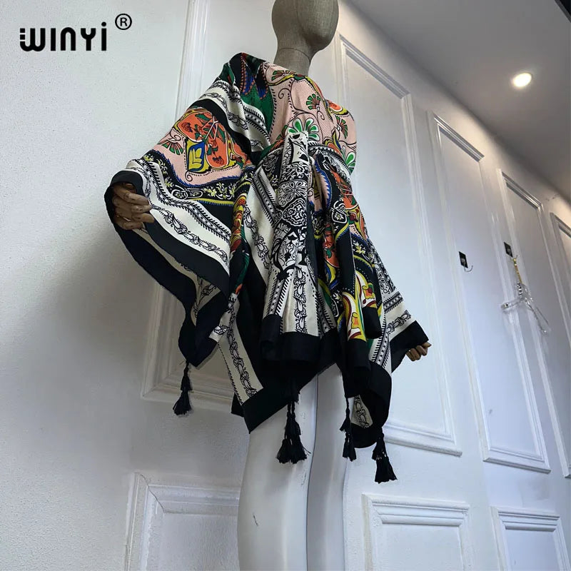 WINYI summer 2024 print Middle east kimono beach cover up dress elegant African women Cardigan Holiday maxi abaya فساتين طويلة