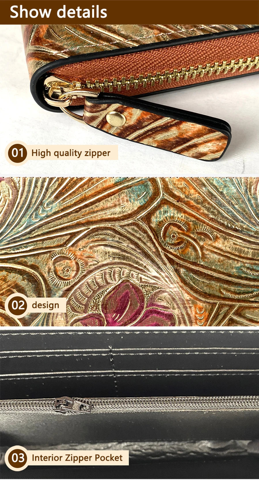 2025 New Retro Fashion Trendy Women's Wallet Gift Box with Carved Multi Card Embossed Zipper Long Wallet