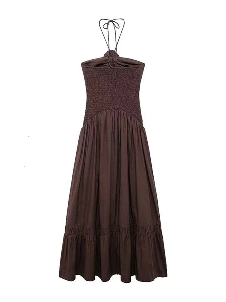 Elegant 3D Flower Long Dress Women Halter Backless Pleated Female Pary Dresses 2024 Fashion Street Sleeveless Solid Lady Robes