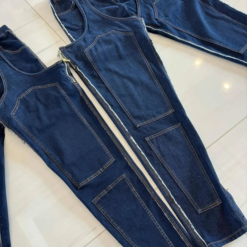 Mom Jeans Straight Pants Women Hollow Out Zipper High Strecth Pockets Irregular Denim Vintage Y2k 2025 Trousers Streetwear
