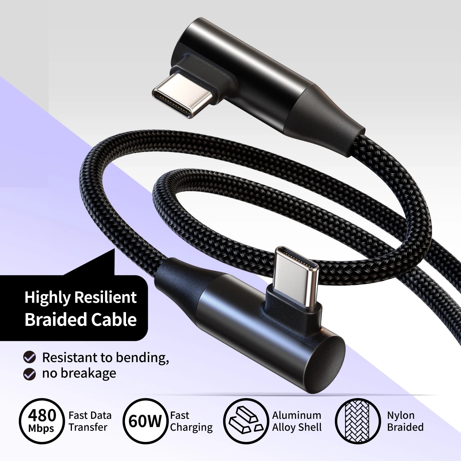 USB-C to Type-C 60W 3A Fast Charging Cable, 90° Angled Design, Nylon Braided. For Type-C phones/tablets/headphones. 25cm/50cm/1m
