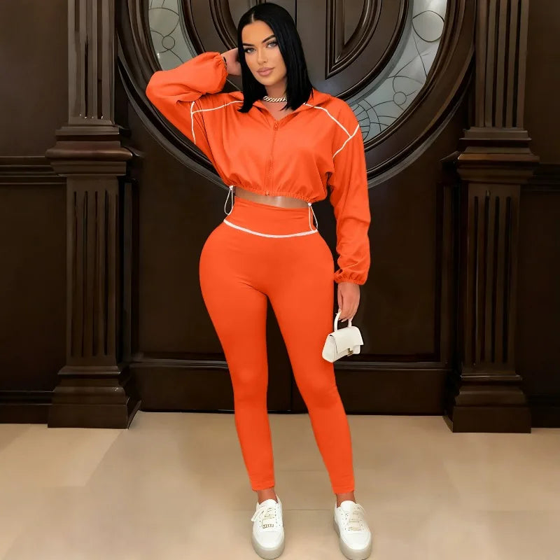 Two Piece Set Women Sexy Club Long Sleeve Paneled Stylish Casual Sport Suit Solid Color Zipper Tracksuits Sweat Suit