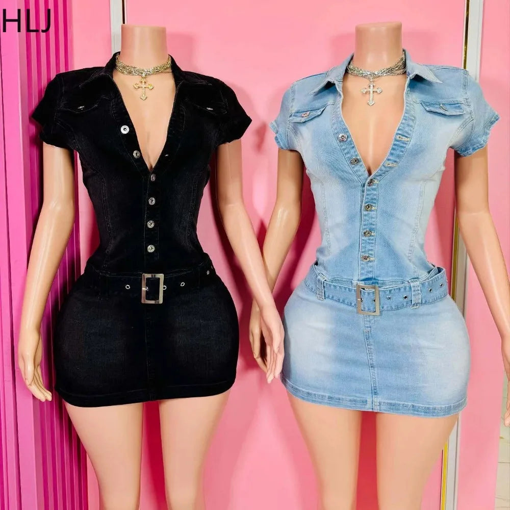 HLJ Fashion Denim Bodycon Mini Dresses Women V Neck Short Sleeve Slim Vestidos Summer New Cowboy Stretchy Streetwear Dress 2025