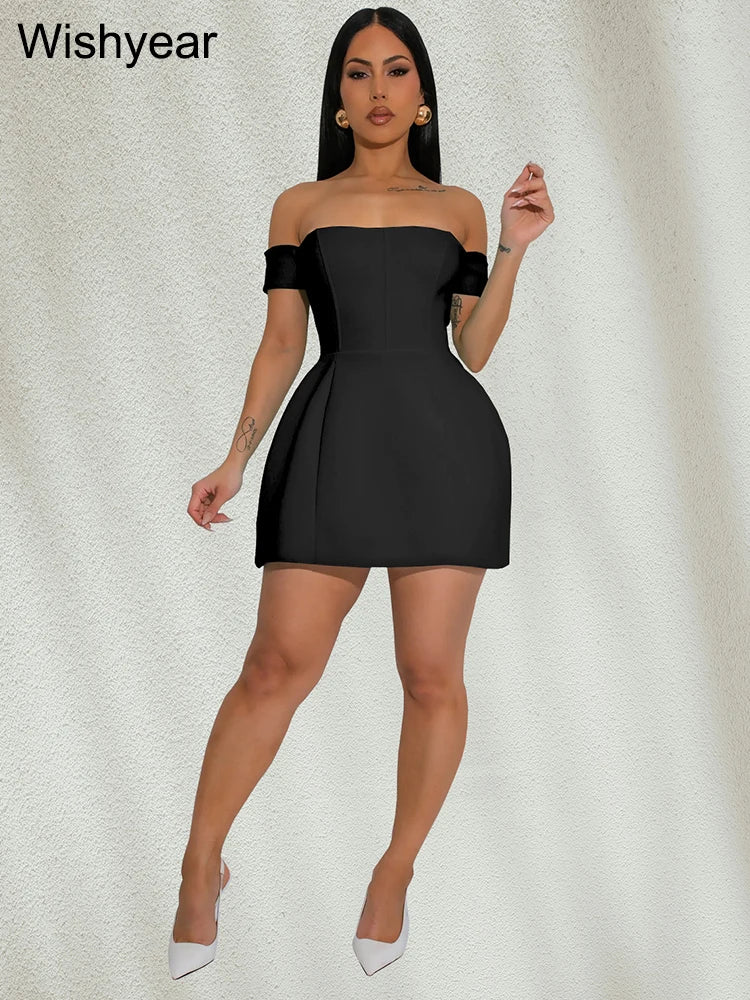 Wishyear Solid Off Shoulder Backless Sleeveless A-Line Mini Dresses Elegant Sexy Bodycon Evening Party Birthday Prom Vestidos