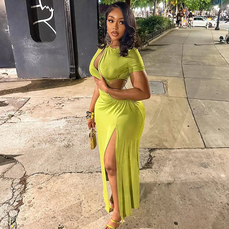 Sexy Hollow Out Ruched Split Bodycon Maxi Dress Women Short Sleeve O-neck Holiday Vacation Nitht Club Party Long Dresses Vestido