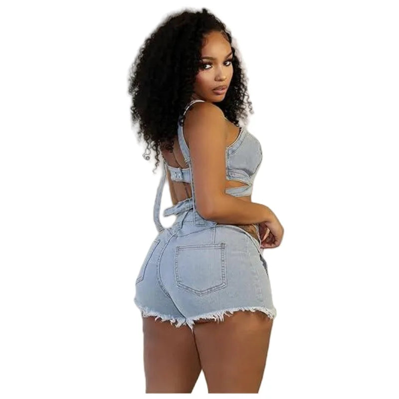 FAGADOER Summer New Sexy Denim 2 Piece Sets Woman Outfit  Y2k Streetwear Spaghetti Strap Sleeveless Crop Top and Shorts Suit